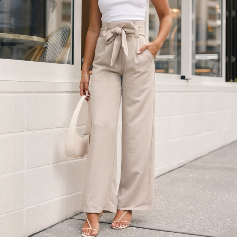Petal & Pup Beige High-Waist Paperbag Wide Leg Pants